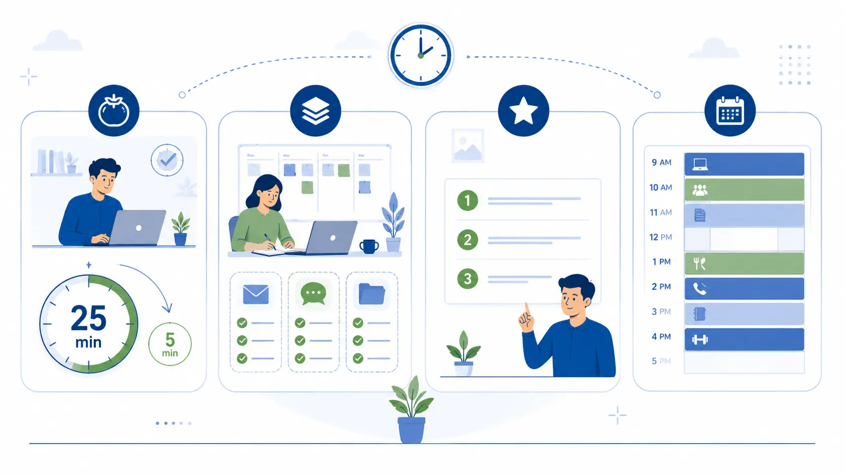 Time-management techniques in remote work like Pomodoro and time blocking