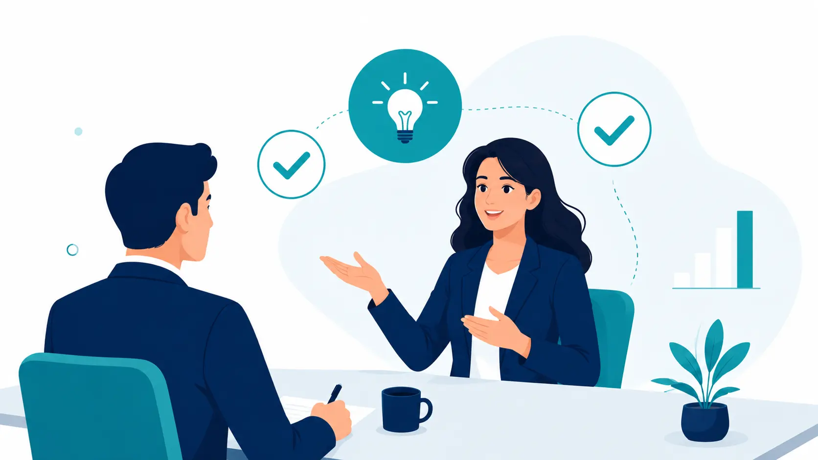 Confident job candidate answering interview questions with success and idea icons in a modern professional illustration.