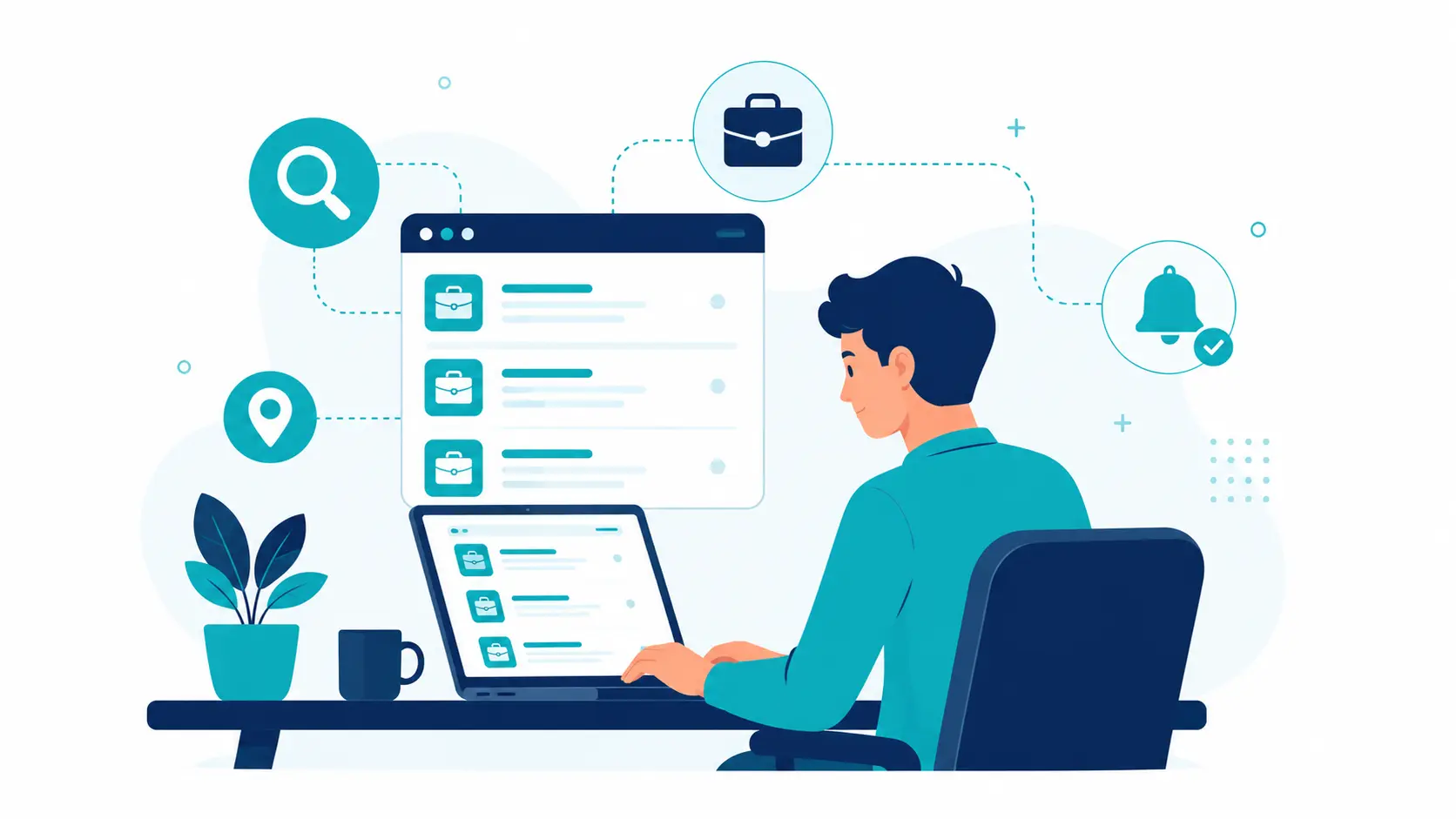 البحث عن الوظائف عبر الإنترنت باستخدام منصات التوظيف والتنبيهات المهنية.